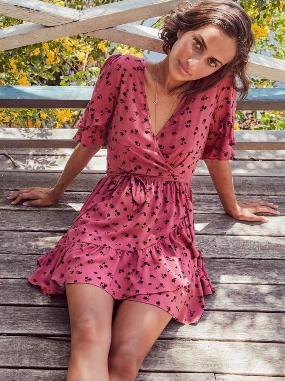 Anthro Auguste the Label Mabel Goldie Wrap Mini Dress Persian Red size medium
